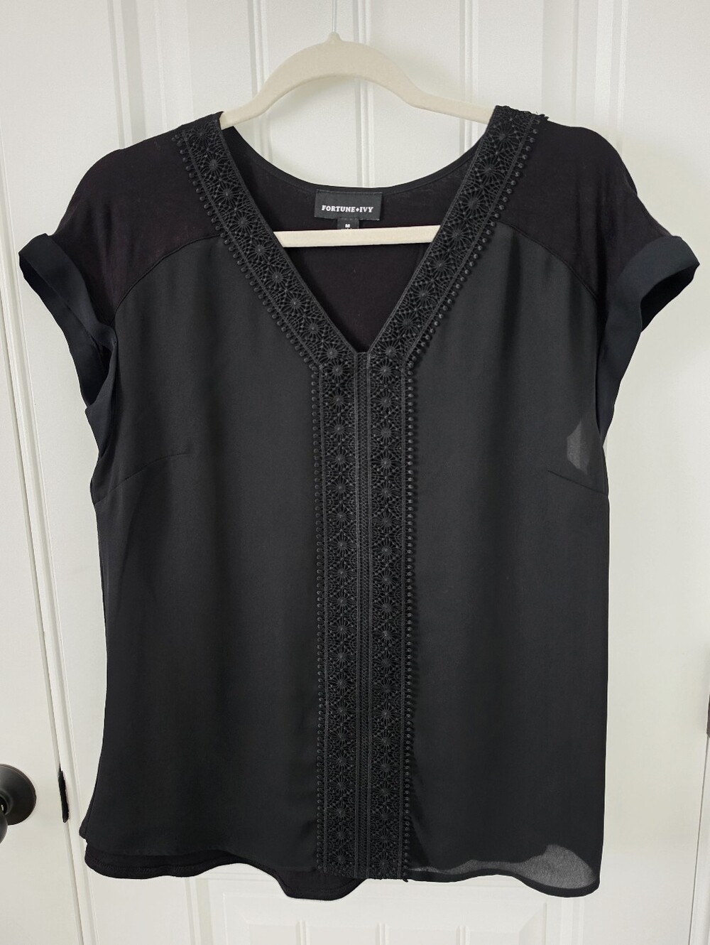 Black Fortune + Ivy Embroidered V-Neck Short Sleeve Top